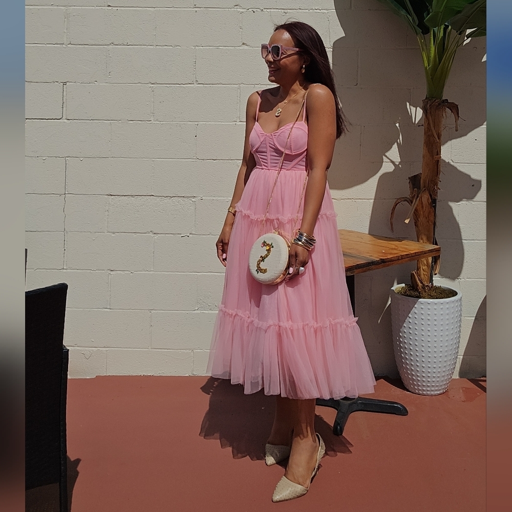 Pink Tulle Ruffled Bustier Midi Dress - Picture 1 of 12